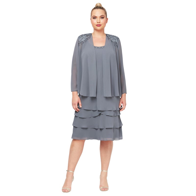 S.L. Fashions Women's Mother of The Bride Tiered Jacket Dress with Shoulder Embellishment, Steel, 24 Plus - Image 1